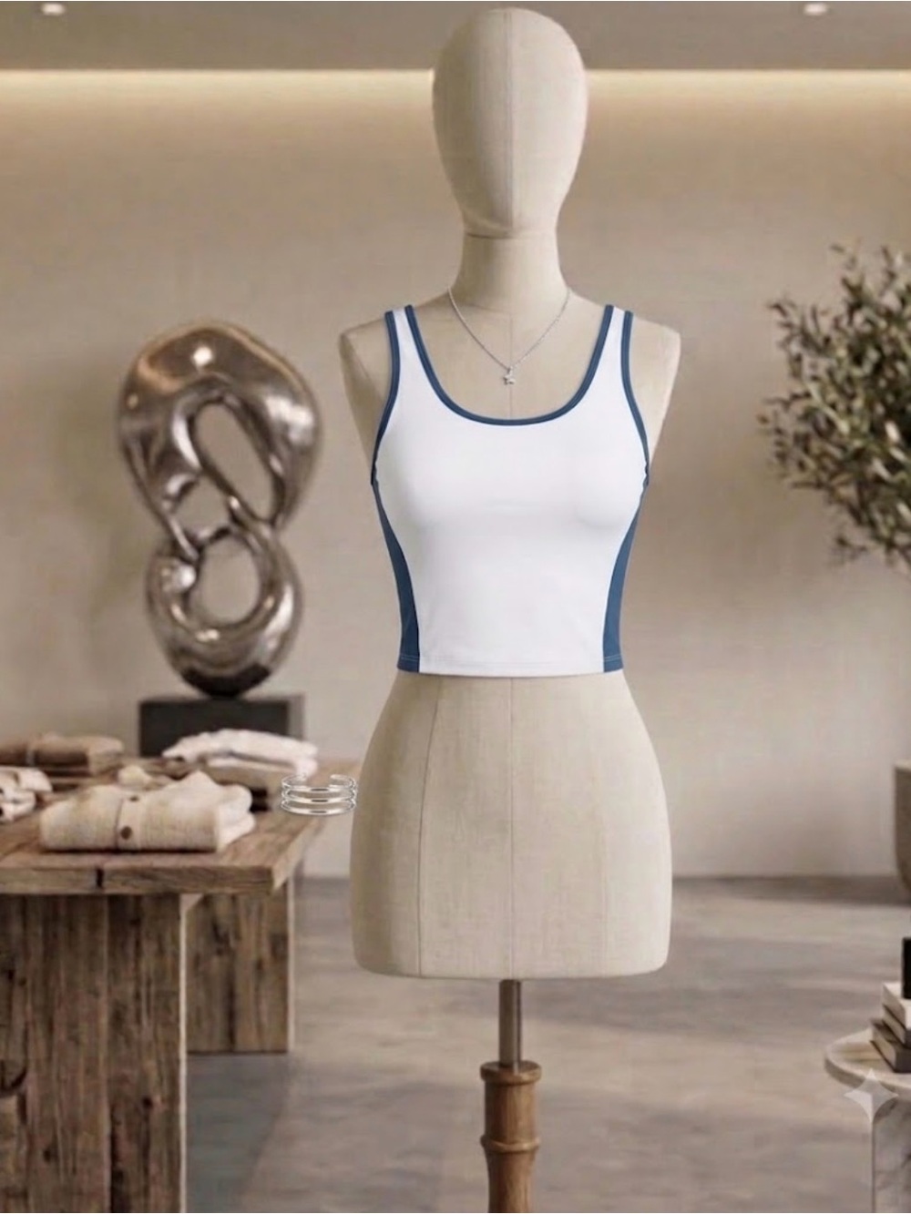 White Crop Tank with Blue Trim — Sleek Athletic Crop Top